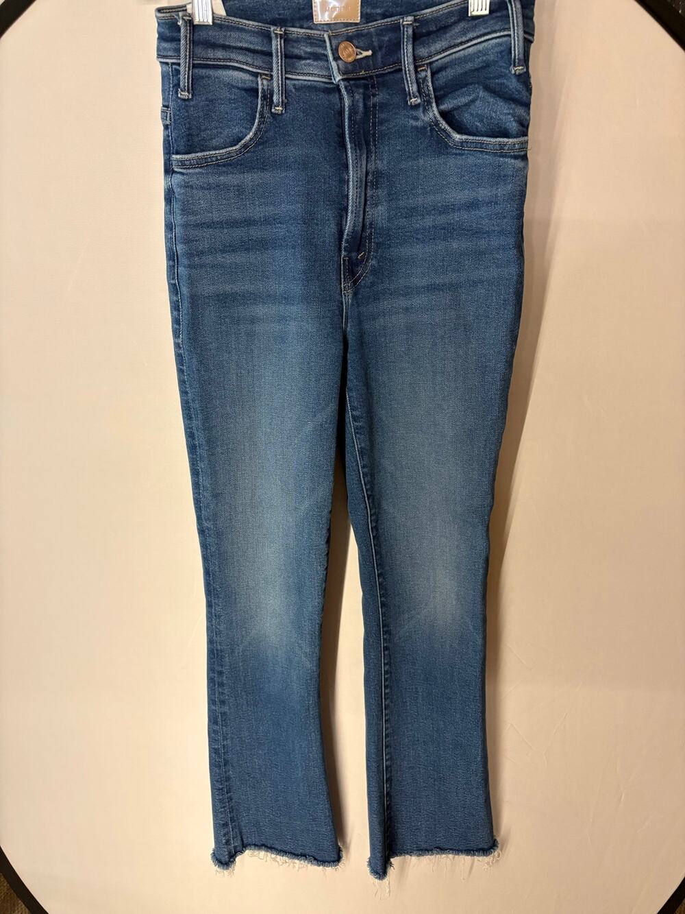 MOTHER The Hustler Ankle Fray Blue Denim Raw Hem Crop Flared Jeans